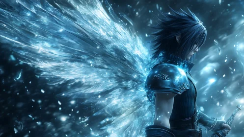 Winged armored figure in blue-toned digital fantasy scene.