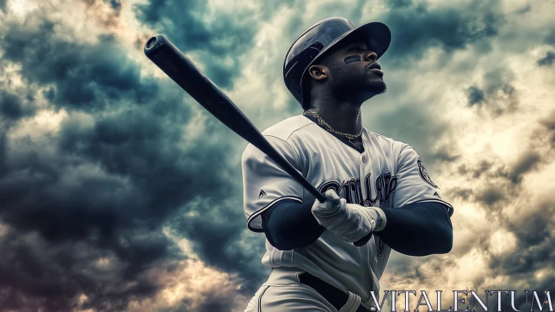 High-contrast baseball batter under dramatic storm cloud sky