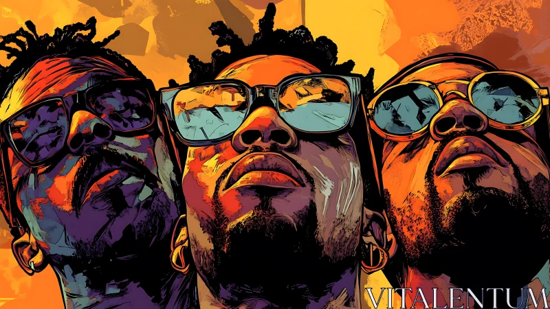 Triadic mirrored portraits in high-saturation vector chroma.