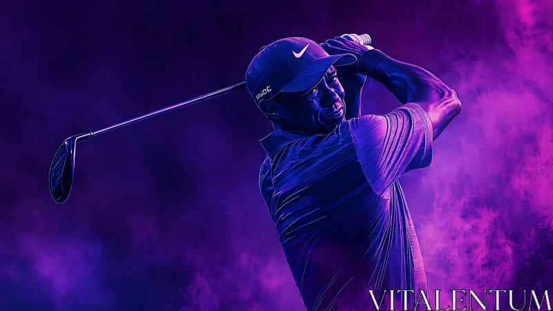 Digital painting of golfer in neon purple atmospheric lighting.