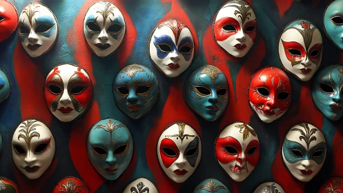 Colorful carnival masks with bold red and teal patterns.