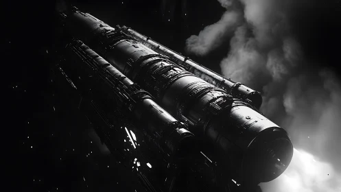 Star-forged engine glides through charcoal nebula hush