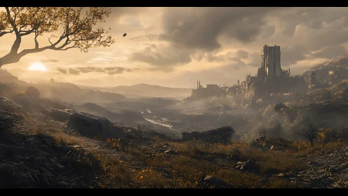 Ruined citadel at dusk over misty ravine plains.