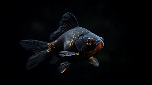Black goldfish rendered in dramatic low key photorealism