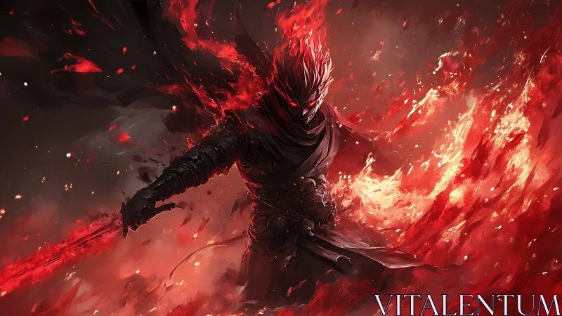 Infernal swordsman engulfed in dynamic crimson firestorm.