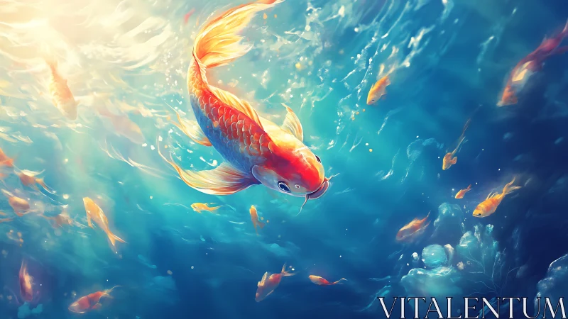 Luminous koi school with volumetric underwater light gradients.