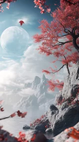 Crimson autumn trees greet a dreamy moonlit mountain shore