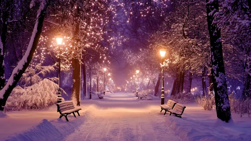 Snowy park path glows under winter lamplight and tree lights
