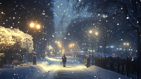 Solitary winter wanderer under spellbound city lamplight.