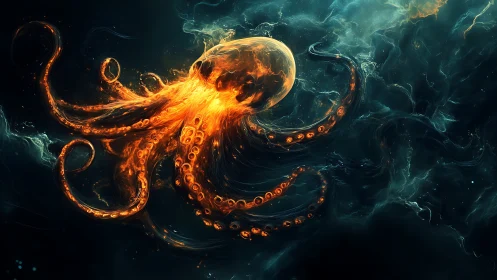 Celestial ember octopus drifts through a molten cosmic tide.