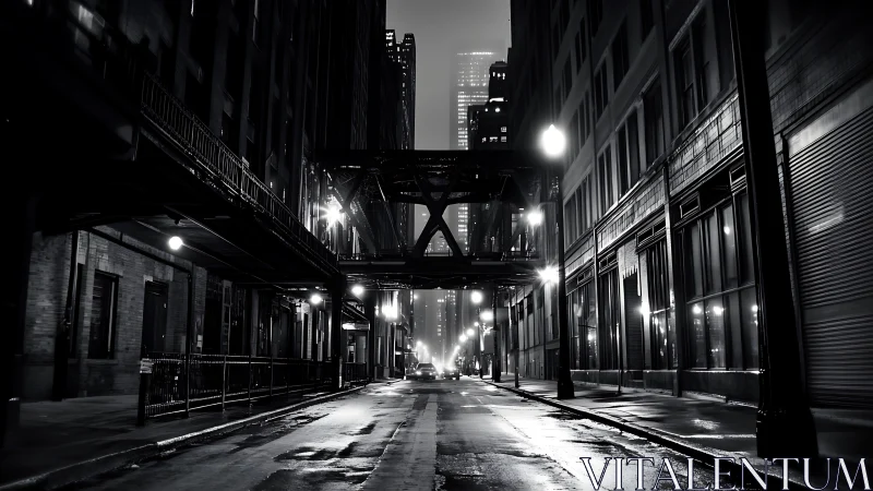 Empty wet city street at night under elevated walkway.