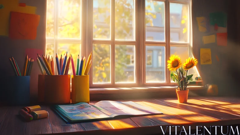 Sunlit art desk where daydreams and colors quietly bloom.