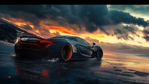 Carbon-fiber hypercar on wet tidal flats at stormy sunset