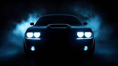 Muscle car headlights cut through cinematic blue studio haze