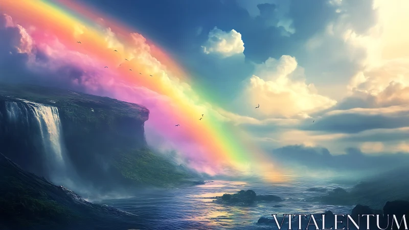 Prismatic waterfall horizon under luminous stormlit sky.