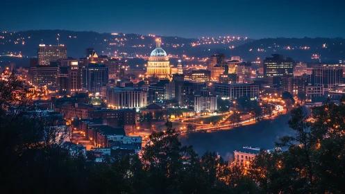 Illuminated urban skyline with domed capitol building at dusk.