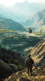 Solitary soldier watches a lone helicopter carve through valleys