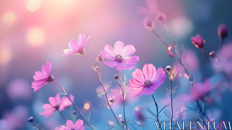 Pink cosmos flowers in soft focus landscape environment.