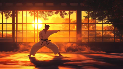 Cinematic karate dojo silhouette in dramatic sunset light.