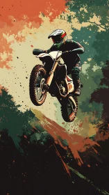 Motocross rider launches through abstract paint sky.