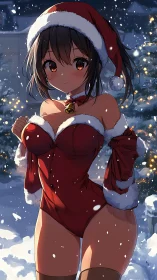 Santa swimsuit girl stands in glowing snowy night garden