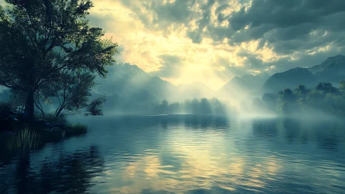 Sunlit mountain lake with mist and reflective still water.