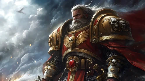 Storm-lit warrior king stands strong in golden armor
