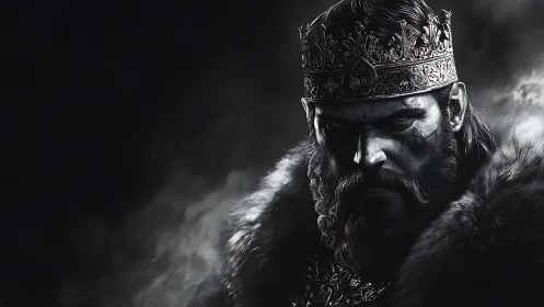 Dark medieval king portrait in stark monochrome lighting.