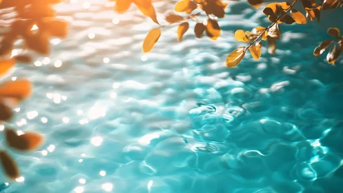 Sunlit golden leaves drift above softly sparkling water