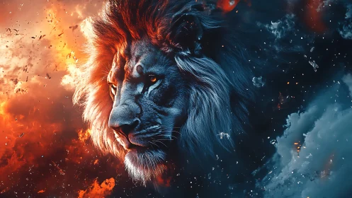 Bicolored digital lion portrait in fire and smoke field.
