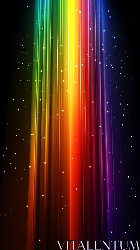 Vertical multicolor light streaks descend across dark field