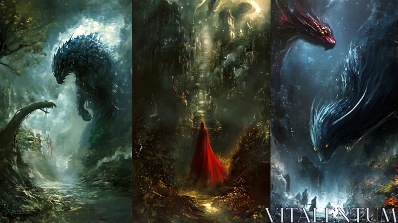 Triptych of colossal dragons encircling lone red-cloaked figures