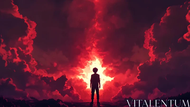 Young dreamer standing before a blazing sky of wonders.