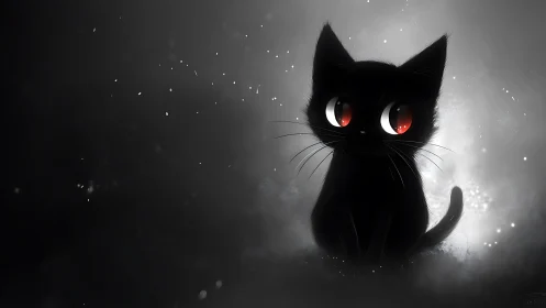 Black Cat with Glowing Red Eyes in Misty Atmosphere.