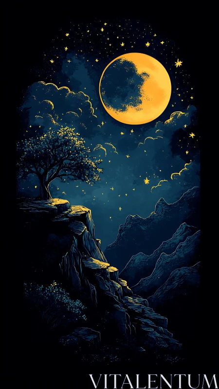 Luminous crescent moon above stylized midnight mountain cliff.
