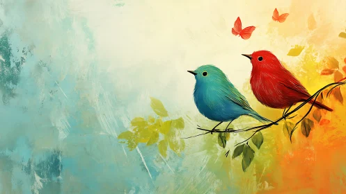 Two Colorful Birds on Branch in Vibrant Digital Painting Style.