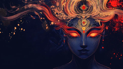Cosmic fire goddess portrait with luminous celestial crown.