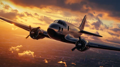 Vintage propeller airliner crossing glowing sunset sky.