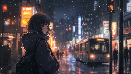 Girl waits in snowy neon city street as tram approaches