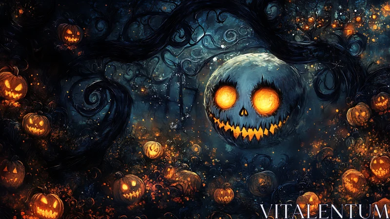 Glowing pumpkin moon over haunted forest of jack o lanterns.