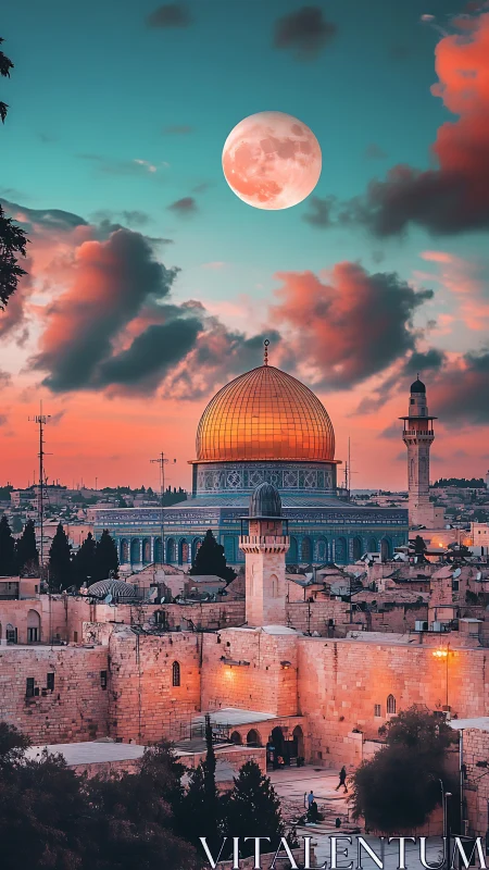 Golden dome glows under a full moon above ancient Jerusalem