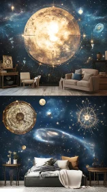 Cosmic wall mural interiors with luminous celestial schematics.