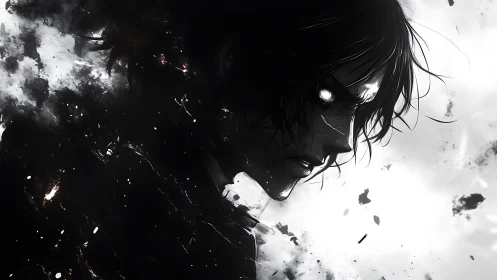 Dark-eyed warrior portrait in explosive monochrome storm.