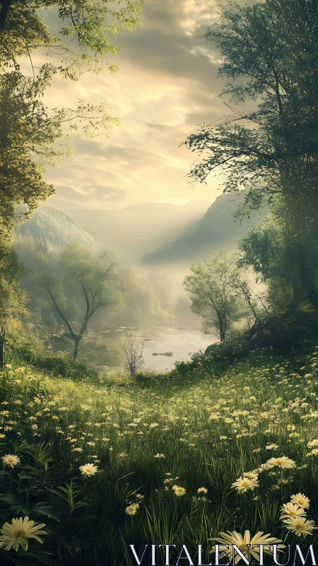 Volumetric dawn over wildflower meadow and misted river valley.