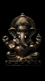 Bronze Lord Ganesha statue on black background, frontal view.
