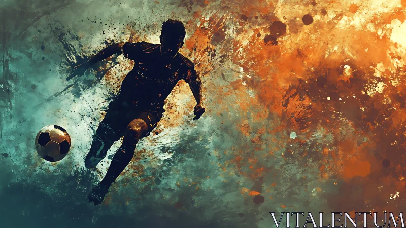 Dynamic soccer player racing through swirling color burst.