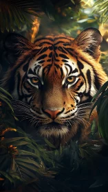 Golden-eyed jungle tiger poised in emerald shadow hush.