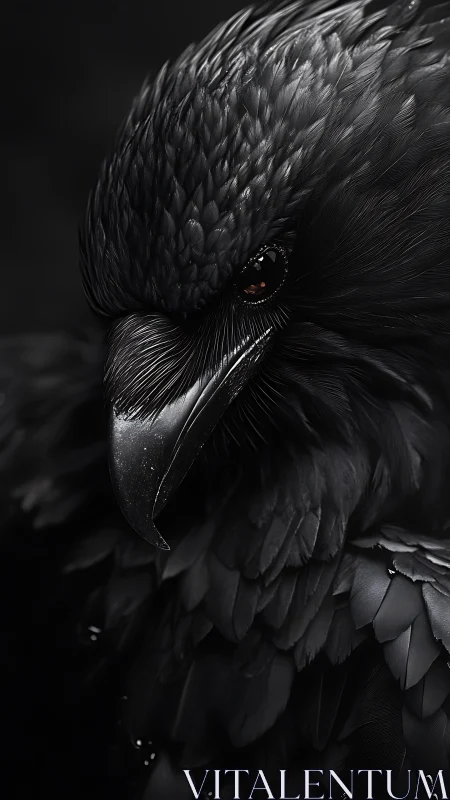 Raven portrait reveals glossy black plumage in stark focus