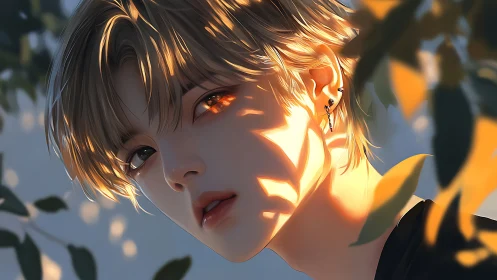 Digital portrait of youth in dappled sunlight among leaves.