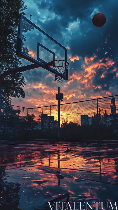 Sunset city court reflects storm clouds and rising shot.